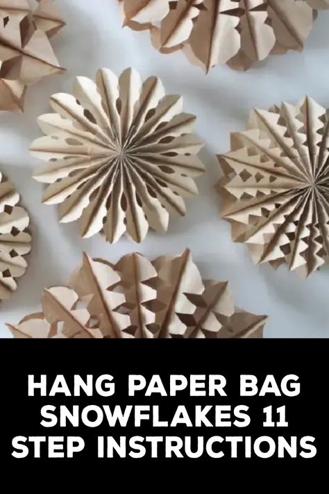 How to Hang Paper Bag Snowflakes Hanging Snowflakes In Window, Paper Bag Christmas Ornaments, 3d Paper Bag Snowflakes, Bag Snowflake Patterns, Paper Snowflakes Hanging From Ceiling, Paperbag Snowflake Patterns, Paper Bag Snowflake Designs, Sandwich Bag Snowflake, Paper Lunch Bag Snowflakes