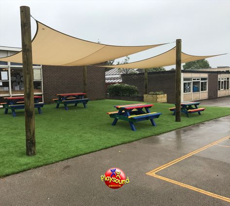 School Grounds Ideas, Outdoor Daycare Space, Diy Playground Shade, Daycare Playground Shade Ideas, Diy School Playground Ideas, Diy Playground Shade Ideas, Playground Cover Ideas, Shade Over Playground, Playground Shade Ideas