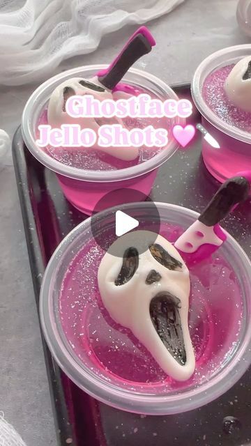 Johany Torres on Instagram: "Ghostface Jello Shots 🩷🔪  You guys LOVED the red ghostface Jello shots  that I had to make a pink version.  The pink wasn’t really showing up in the video, looked reddish so I had to change up the hue to look more pink!  I love how they turned out! I had to add sparkle so I added some sugar dust from @sweetapolita!  Edible sprinkle 🔪 are from @joann_stores   Ghostface mold is from @shapedicemolds use code: joscakes10 to save 10% link in bio! 🩷🔪  #jelloshots #jelloshot #jello #halloweenjelloshots #halloweenpartyideas #spookyvibes #spookycute #ghostfacekillah #ghostface #screammovie #halloweenlife" Pink Whitney Jello Shots Recipe, Jello Halloween, Cute Jello Shots, Glitter Jello Shots, Jello Shots Halloween, How To Make Jello Shots, Halloween Jello, Halloween Jello Shots, Halloween Shots