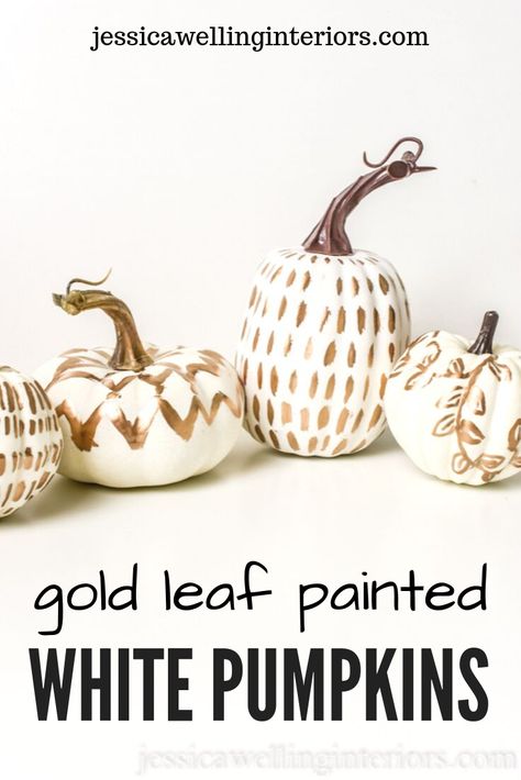 These DIY white pumpkin decor ideas for Fall are perfect for table settings and centerpieces, fireplace mantels, weddings, Thanksgiving, and more! Paint white pumpkins with gold leaf. Pumpkin Decor Ideas, White Pumpkin Centerpieces, Exterior Flooring, Ceiling Door, Leaf Ceiling, Easy Diy Fall Decor, White Pumpkin Decor, Pumpkins Diy, Decor Stairs