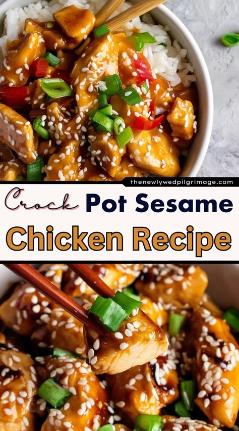 Unforgettably Juicy Crock Pot Sesame Chicken Recipe - The Newlywed Zesty Chicken Crock Pot, Chinese Chicken In Crockpot, Crockpot Sesame Chicken Easy, Crock Pot Chicken Gluten Free, Honey Sesame Chicken Crock Pot, Asian Chicken In Crockpot, Crockpot Sticky Chicken, Chinese Food Recipes Crockpot, Sesame Chicken Recipe Crockpot