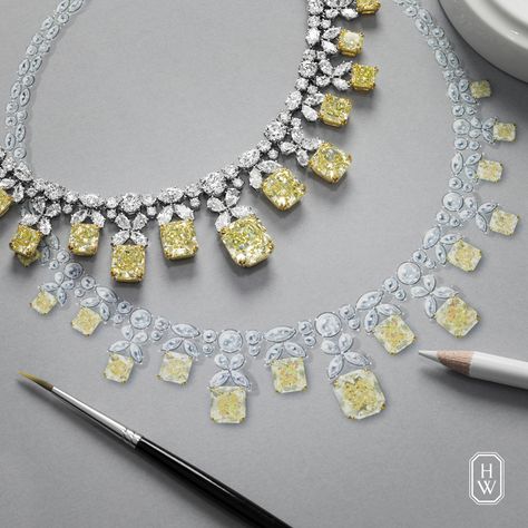 The House’s master craftsmen bring fancy yellow #diamonds to life in a cluster-inspired masterpiece that defines the art of #highjewelry design. #HarryWinston Harry Winston Jewelry, Jewelry Rendering, Art Jewelry Design, Jewellery Design Sketches, Jewelry Illustration, Jewelry Design Drawing, Diamond Necklace Designs, Yellow Diamonds, Jewelry Drawing