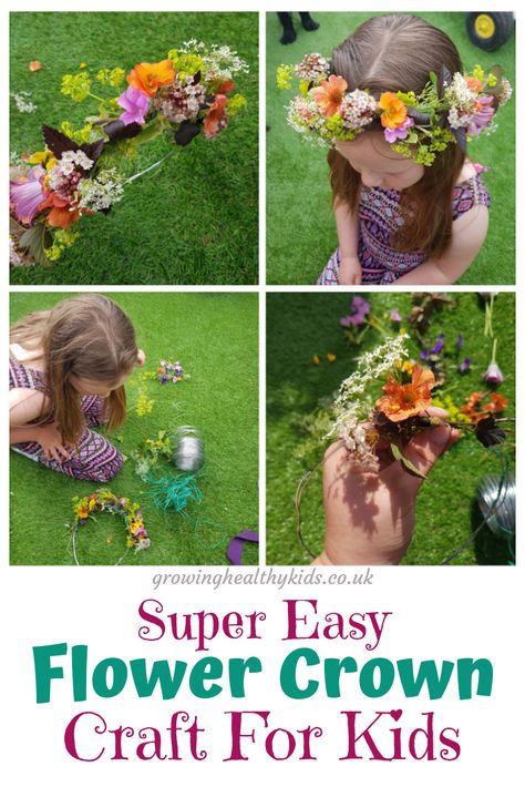 How To Make A Flower Crown From Your Garden - Growing Healthy Kids One Year Flower Birthday, Easy Flower Crown Diy, Diy Flower Crown For Kids, Flower Crown Activity, Diy Flower Crown Party, How To Make Flower Crown, Flower Crown Diy Kids, How To Make A Flower Crown, Flower Crowns For Kids