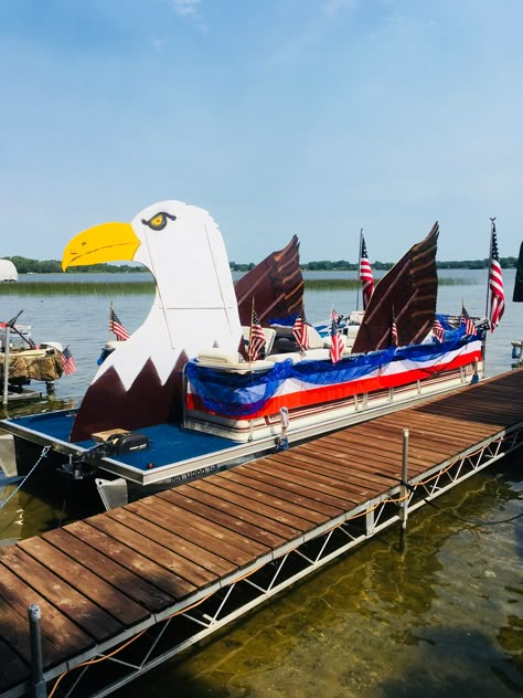 Patriotic Boat Decorations, Boat Parade Themes, 4th Of July Pontoon Boat Decorations, Fourth Of July Parade Floats, Fourth Of July Boat Parade Ideas, Pontoon Parade Decorating Ideas, Fourth Of July Float Ideas Parade, Boat Float Parade Ideas, 4th Of July Boat Parade Ideas Pontoon