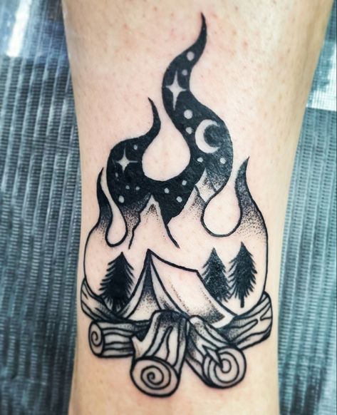 Tent Tattoo Camping, American Traditional Campfire Tattoo, American Traditional Camping Tattoo, Campfire Tattoo Design, Tent Camping Tattoo, Glamping Tattoo, Camping Theme Tattoo, Small Tent Tattoo, Summer Camp Tattoo Ideas