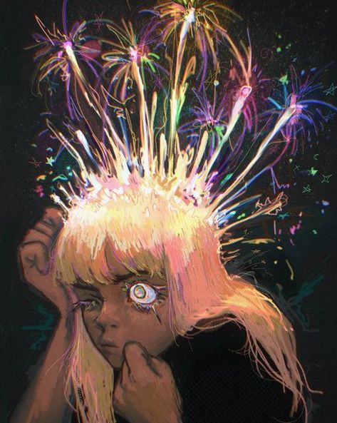 Sophia Volovik 🧚🔪 on Instagram: "Exploding head syndrome 🎇🎆🎇🎆🎇" Head Explode Art, Head Exploding, Exploding Head Syndrome, Exploding Head, Brain Drawing, Pen Projects, Brain Illustration, Manga Covers, Funky Art