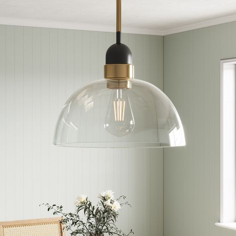 Industrial Matte Black Glass Shade Pendant Light with Brass Finish - Bed Bath & Beyond - 38235244 Gold Bathroom Pendant Lighting, Mccarthy Glass Pendant, Large Glass Kitchen Pendant Lights, Costal Modern Lighting, Glam Pendant Lights, Bronze Kitchen Pendant Lights, Black Island Light Fixture, Island Pendants 8 Ft Ceiling, Antique Brass Pendant Light Kitchen