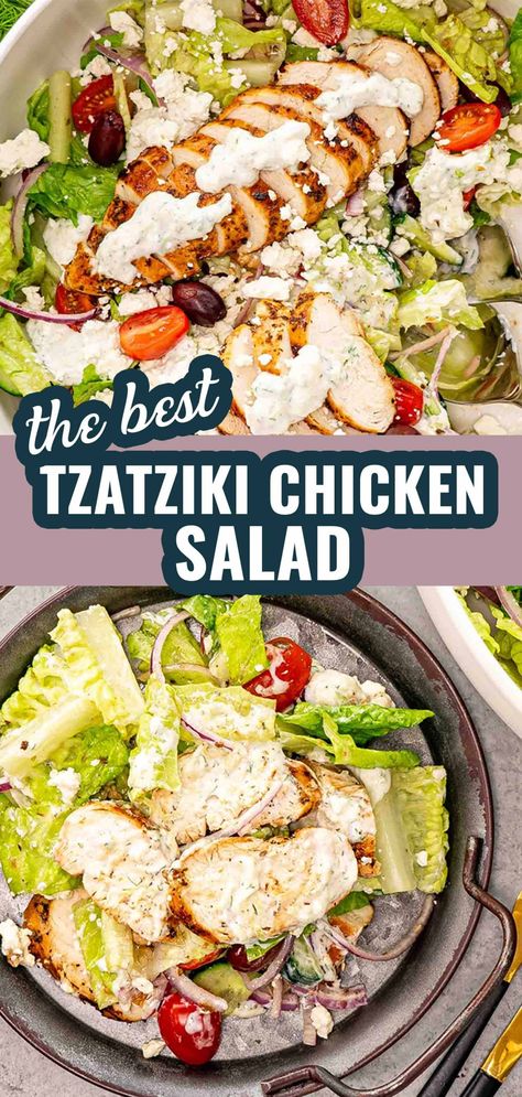 Whip up this easy and refreshing Tzatziki Chicken Salad for a taste of the Mediterranean! Perfect for a light lunch or dinner. #ChickenSalad #MediterraneanDish Easy Greek Tzatziki Chicken Salad, Mediterranean Salad With Chicken, Tzatziki Chicken Salad Recipe, Mediterranean Chicken Salad Recipes, Taziki Chicken Salad, Taziki Chicken Recipes, Light Chicken Dinner Recipes, Dinner Salads Recipes Main Courses, Easy Light Dinner Recipes