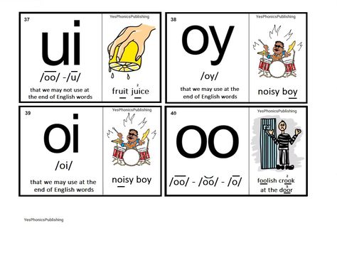 Orton-Spalding Phonograms - Illustrated Flash Cards  - 'ui', 'oy', 'oi', 'oo' Spalding Phonograms, Teaching Spelling Rules, Free Phonics Activities, Jolly Phonics Activities, Teaching Vowels, Word Work Kindergarten, Phonics Reading Passages, Spelling Lessons, Phonics Blends