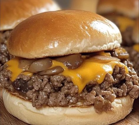 𝓢𝓲𝓹 𝓢𝓸𝓬𝓲𝓮𝓽𝔂 | Steakhouse Burger Sloppy Joes | Facebook Steakhouse Burger Sloppy Joes, Mississippi Burger, Burger Sloppy Joes, Hamburger Board, Steakhouse Burger Recipe, Sloppy Joes Biscuits, Sloppy Joe Burger, Superbowl Sunday Food, Steakhouse Burger