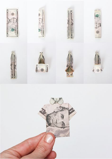 Birthday Origami Shirt Folding-One Little Minute Blog-Birthday Week Origami Birthday Card, Fold Dollar Bill, Origami Shirt, Folding Money, Dollar Origami, Dollar Bill Origami, Creative Money Gifts, Shirt Folding, Folding Origami