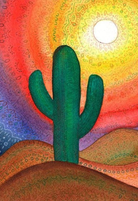 Desert Paintings, Mexican Art Painting, Succulents Drawing, Cactus Paintings, Mexican Paintings, Paint Pots, Cactus Painting, Desert Art, Desert Painting