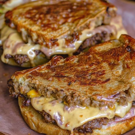 Smashing Patty with Confidential Sauce Smashing Patty Melt With Confidential Sauce, Patty Melt On Sourdough, Smashing Patty Melt, Ultimate Patty Melt With Secret Sauce, Smashed Hamburgers, Ground Beef Grilled Cheese Sandwich, Smashing Patties With Confidential Sauce, Hamburger Sandwich Ideas, Patty Melt Sauce