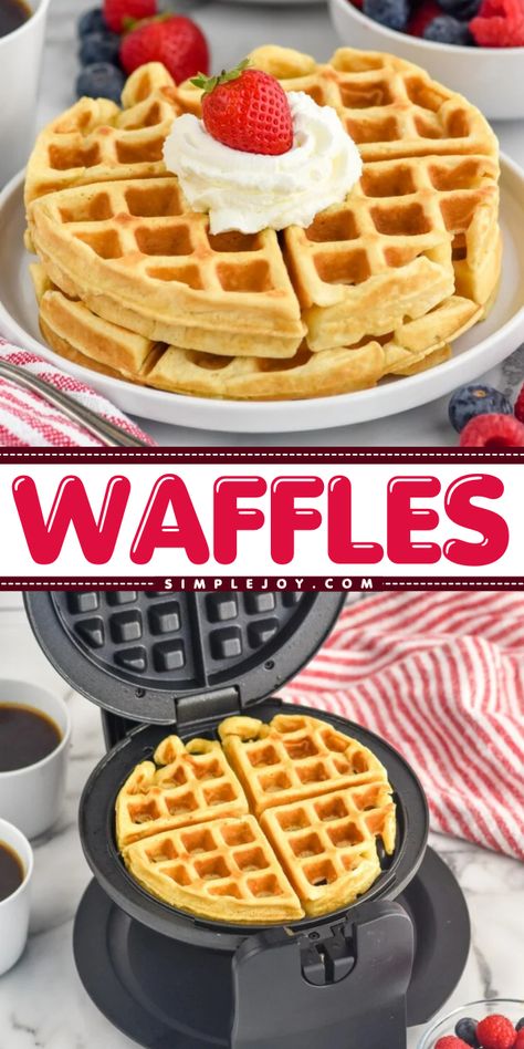 This simple and delicious homemade waffle recipe is going to go on weekend repeat in your house. A crisp exterior with a fluffy interior, this simple breakfast recipe is a win. Waffle House Waffle Recipe, Waffle Iron Recipes Easy, Homemade Waffle Recipe, Breakfast Waffle Recipes, Iron Foods, Hashbrown Waffles, Homemade Waffle, Easy Waffle Recipe, Waffle Iron Recipes