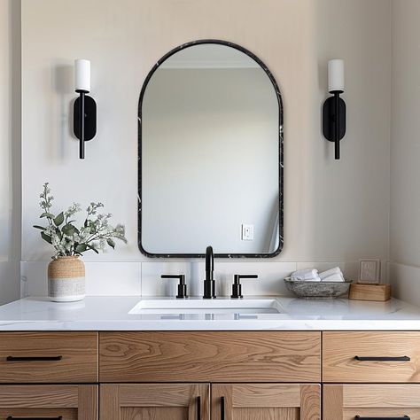 PRICES MAY VARY. Sus304 Stainless Steel Frame+high Silver Glass+mdf Backboard+tube Frame Design 【Unique Black Marble Vein Mirror】: The Andy Star arched mirror features a tube metal frame with black and white faux marble coloring, making it stand out in any space. Its timeless design complements modern, industrial, rustic, or farmhouse decor 【Craftsmanship&Timeless Design】: Redefine sophistication with Andy Star arched wall mirror. The arched top, framed with a unique black marble vein tube and m Rounded Rectangle Mirror, Black Bathroom Vanity, Bathroom Mirror Ideas, Moon Mirror, Mirror For Bathroom, Rounded Rectangle, Rectangle Mirror, Bathroom Vanity Mirror, Bathroom Inspo