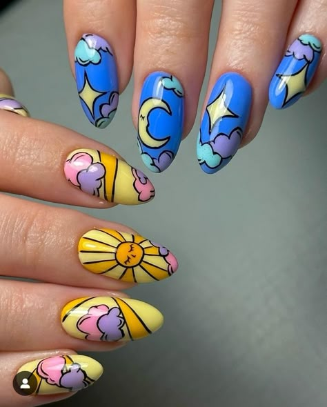 Sun Nails, Sky Nails, Hippie Nails, Moon Nails, Nail Art Inspo, Really Cute Nails, Star Nails, Cute Nail Art, Fire Nails