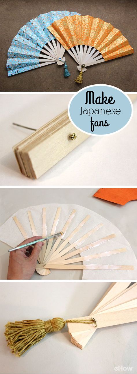 Japanese folding fans, also known as sensu, are as beautiful as they are functional. Fashioned out of decorative paper and wood, you can make your own in just a few simple steps. DIY instructions here:  http://www.ehow.com/how_4449525_make-japanese-fans.html?utm_source=pinterest.com&utm_medium=referral&utm_content=inline&utm_campaign=fanpage Japanese Fans, Folding Fans, Japanese Fan, Diy Fan, Diy Simple, Cosplay Diy, Paper Fans, Japanese Crafts, Craft Stick Crafts