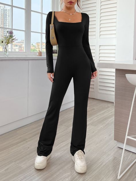 Slim Jumpsuit, Comfy Jumpsuits, Flare Jumpsuit, Jumpsuit Elegant, Jumpsuit Outfit, Long Sleeve Jumpsuit, Black Jumpsuit, Casual Wardrobe, Square Neck