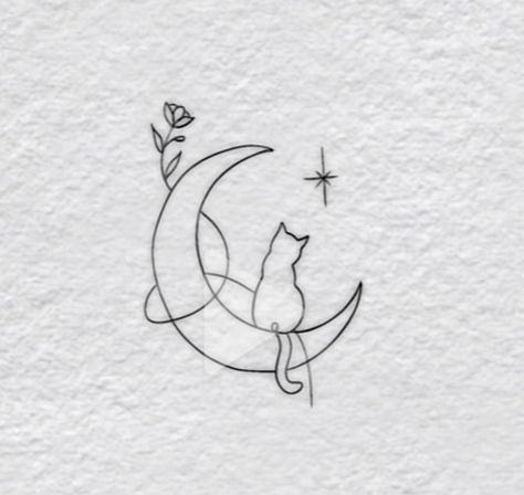 Moon With Cat Tattoo, Cat On Moon Tattoo, Moon And Cat Tattoo, Cat Moon Tattoo, Half Moon Tattoo, Simple Tattoos For Women, Dinosaur Tattoos, Single Line Tattoo, Planet Tattoos