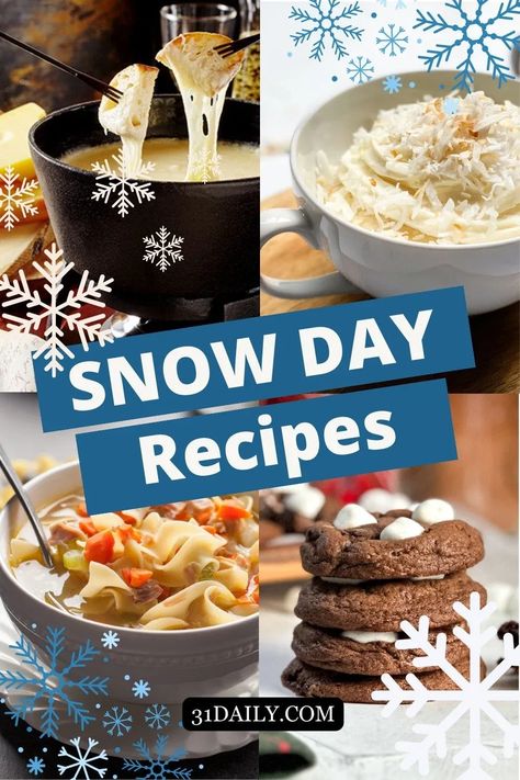 Snowy days call for easy Snow Day winter recipes that are fun to make and delicious to enjoy, whether sweet or savory. Find snacks, desserts, lunch ideas, winter dinner recipes and more! These simple recipe ideas will warm your toes and make snow days one to remember! Snow Storm Recipes, Snow Day Meals For Kids, Snow Day Snacks Food Ideas, Snowy Day Food Ideas, Snacks For Snow Days, Best Snow Day Food, Snowed In Food Ideas, Recipes For Snow Days, Easy Snow Day Meals