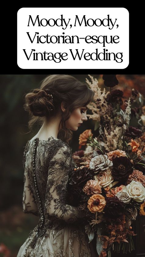 A beautifully styled, moody Victorian-esque vintage wedding setup featuring dark florals and antique décor, perfect for couples seeking a gothic-inspired celebration with timeless elegance. Old World Vintage Wedding, Vintage Victorian Wedding Decorations, Victorian Inspired Wedding, Modern Victorian Wedding Theme, Dark Victorian Wedding Theme, Moody Forest Wedding Dark Autumn, Dark Autumn Wedding, Vintage Rustic Wedding, Samhain Wedding