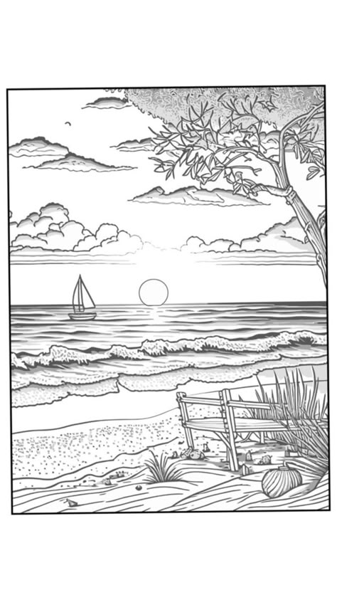 Sunset Coloring Pages, Scenery Coloring Pages, Landscape Coloring Pages, Drawing Sunset, Steampunk Coloring, Scene Tattoo, Chibi Coloring Pages, Beach Coloring Pages, Seaside Landscape