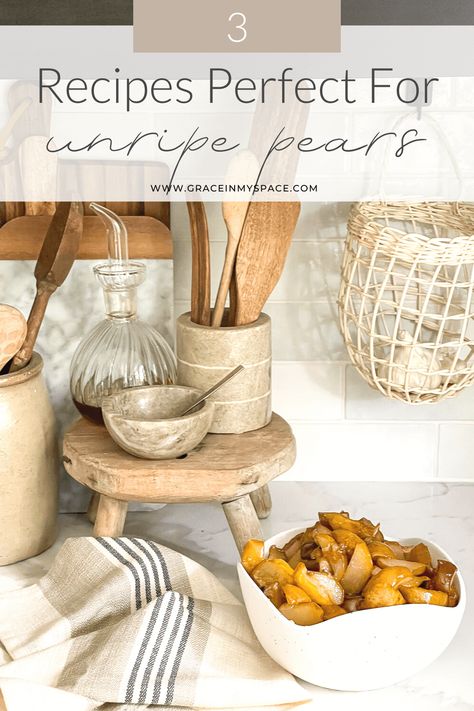 Do you have a lot of hard, unripe pears? Each year our pear tree overproduces. Learn what to do with unripe pears with 3 simple recipes! #fromhousetohaven #pearrecipes #stewedpears #peardish #cookedpears #unripepears #pearrecipe Unripe Pear Recipes, Stewed Pears Recipe, Easy Pear Recipes, Pear Sauce Recipe, Cooked Fruit, Pear Decor, Pear Pie Recipe, Pear Sauce, Pear Pie