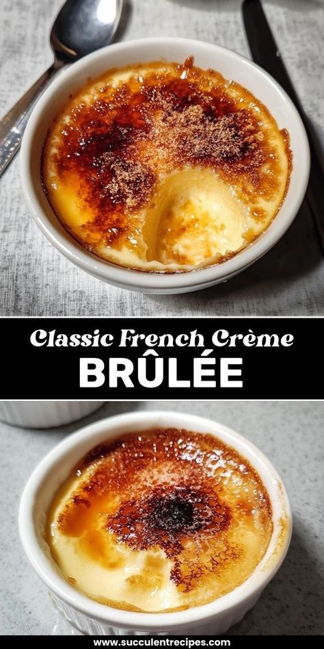 Indulge in this Authentic Classic French Crème Brûlée! Creamy custard topped with a perfectly caramelized sugar crust for a timeless dessert experience. French Creme Brulee Recipe, Classic French Desserts, Creme Brulee Recipe, Caramelized Sugar, French Desserts, Classic Cake, Creamed Eggs, Creamy Desserts, Low Sugar