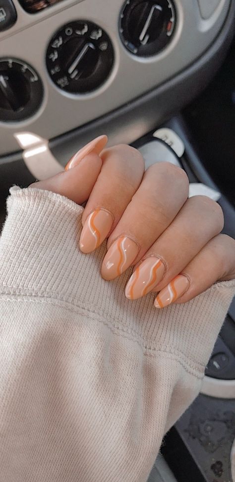 Wavy Line Nails, Line Nails, Dance Nails, Line Nail Designs, Cute Almond Nails, Orange Acrylic Nails, Hoco Nails, Line Nail Art, Orange Nail Designs