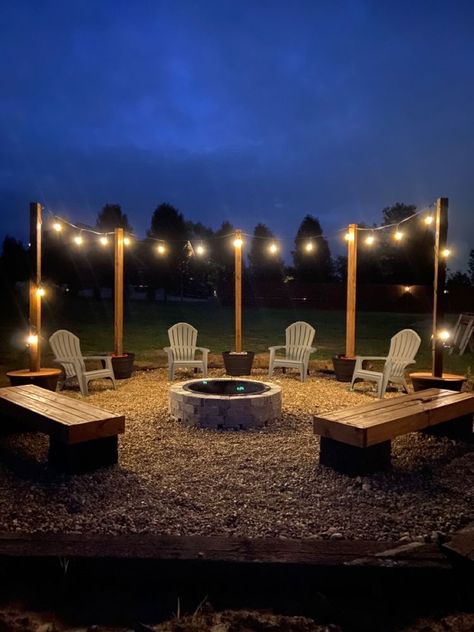 Stone Area In Backyard, Hanging Lights Around Fire Pit, Pool Area Turned Into Fire Pit, Fire Pit With Railroad Ties, Bon Fire Pit Ideas Backyards, Back Yard Fire Pit Area, Bonfire Pit Ideas Seating Areas, Patio Fire Pit Ideas Seating Areas, Fire Pit And Pool Backyard