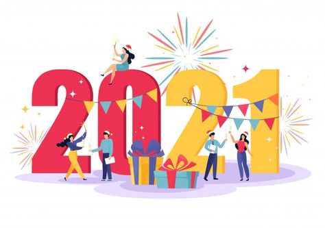 Happy new year illustration with little ... | Premium Vector #Freepik #vector #new-year #happy-new-year #character #happy New Year Logo, Xmas Gif, Celebration Illustration, 2021 Wallpaper, Happy New Year Wallpaper, Happy New Year Background, New Year Illustration, New Year Pictures, New Year Banner