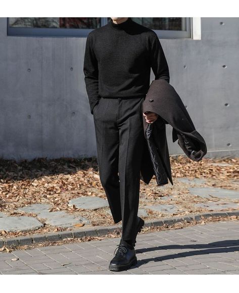 Full Black Outfit Men, Black Turtleneck Outfit, Full Black Outfit, Men Aesthetic Outfits, Black Outfit Men, Mens Business Casual Outfits, Turtleneck Outfit, Ugly Christmas Sweaters, Men Stylish Dress