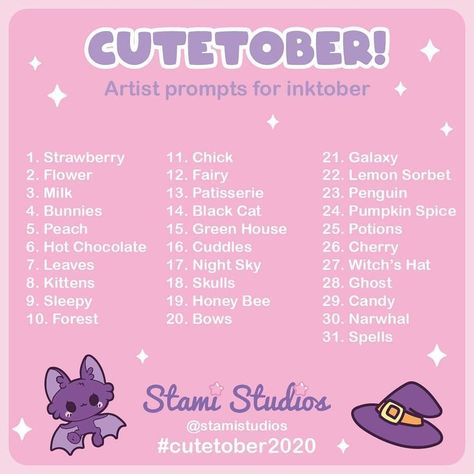 Kawaii Drawing Prompts, Tober Prompts, Artist Prompts, 30 Day Art Challenge, Drawing Challenges, 30 Day Drawing Challenge, October Art, Prompt List, Art Challenges