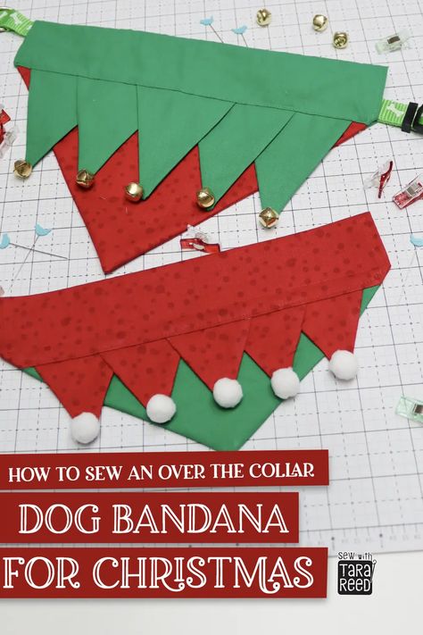 DIY Christmas Dog Bandana will transform any pup into a holiday hound with this easy-to-make over the collar dog bandana. Sewing for pets video tutorial and written directions makes this a great sewing for beginners project. Crafts For Dogs To Do, Dog Christmas Crafts Diy Projects, Make Dog Bandana Diy, Over The Collar Dog Bandana, Cute Dog Bandanas Diy, Dog Hat Pattern Sewing, Dog Scarves Patterns, Things To Make For Dogs To Sell, Sewing Dog Collar