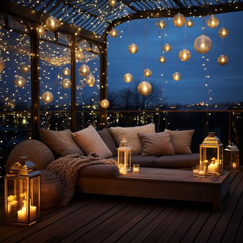 Outdoor Balcony Lighting Ideas, Christmas Rooftop Decorations, Rooftop Decoration Ideas, Terrace Lighting Ideas, Color Palette Moody, Fairy Light Ideas, Fairy Lights Decoration, Garden Fairy Lights, Fall Room Aesthetic