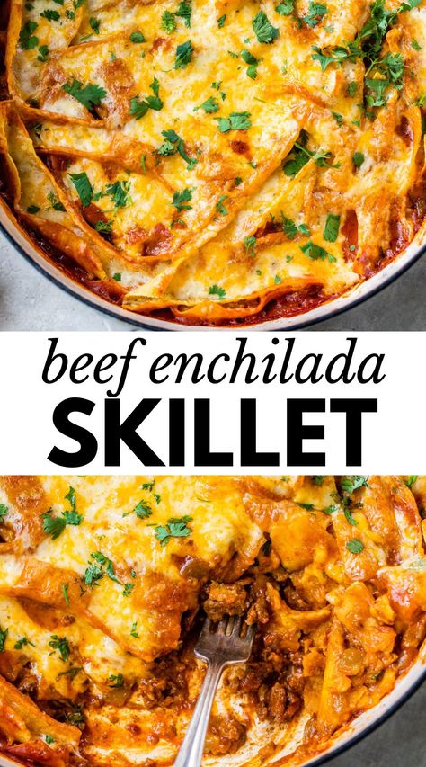 Beef Enchilada Skillet Recipe, Beef Enchilada Skillet, Vegan Shredded Cheese, Easy Chicken Enchiladas, Enchilada Skillet, Recipe With Ground Beef, Enchiladas Healthy, Best Enchiladas, Chicken Enchiladas Recipe