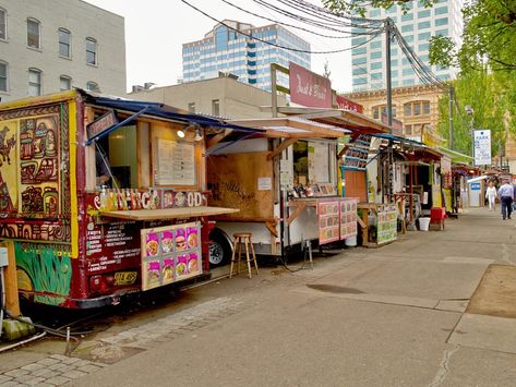 Portland, Oregon. World's Best Cities for Street Food - Condé Nast Traveler Breaded Pork Loin, Street Food Design, Ciabatta Roll, Portland Street, Food Courts, Food Carts, Street Vendor, Food Street, Walking Street