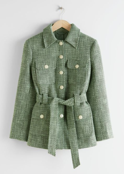 Green Tweed, Straight Clothes, Winter Work, Blouse Casual, Tweed Coat, Belted Jacket, Trench Coats Women, Girls Fashion Clothes, High Fashion Street Style