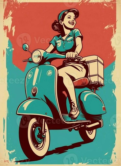 Vintage retro poster, woman on a moped. Advertising poster 50s, 60s, coffee sale. Grunge poster. AI Generated Old Advertisements Vintage, 1950 Graphic Design, Vintage Poster Illustration, Vintage Advertisements 1950s, Retro Illustration 1950s, Vintage Music Posters Retro, 50s Advertisements, 50s Poster, Vintage Ads 1950s