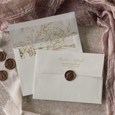 Gilded Floral | Cream and Gold Wedding Invitation Envelope Cream And Gold Wedding, Shower Romantic, Elegant Rehearsal Dinner, Wedding Invitation Envelope, Leaves Vintage, Gold Wedding Invitation, Vintage Bridal Shower, Monogram Wedding Invitations, Invitation Envelope