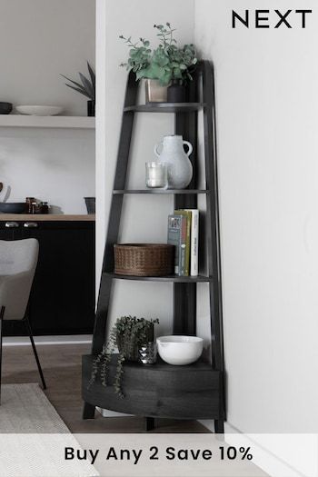 Living Room Furniture | Shelves, Side Tables & Sofas | Next UK Ladder Shelf Decor Living Room, Black Shelving Unit, Narrow Ladder Shelf, Corner Shelving Ideas, Ladder Shelf Decor, Corner Ladder Shelf, Ladder Shelves, Corner Shelving Unit, Shelf Decor Living Room