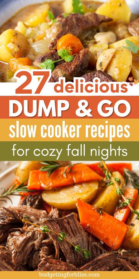 Are you looking for easy dump and go slow cooker recipes to make this fall? Try these 27 simple fall crockpot meals that are perfect for cozy autumn nights. Delicious, family-friendly recipes that everyone will love. Easy Dump And Go Crockpot, Meals For Fall, Fall Crockpot Meals, Easy Crockpot Dump Meals, Healthy Fall Recipes Dinner, Dump And Go Crockpot, Fall Slow Cooker, Crockpot Dump Recipes, Fall Slow Cooker Recipes