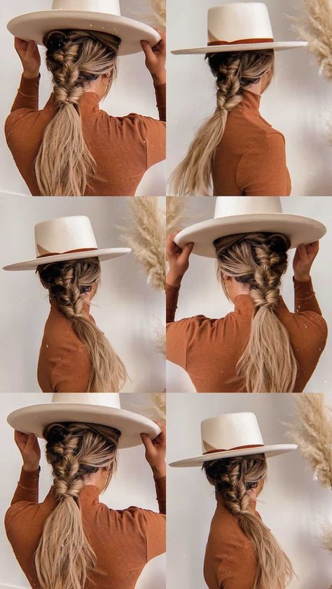 Messy Pony Hairstyles, Cowboy Hat Hair Styles, Cowgirl Hat Hairstyles, Cowgirl Hairstyles With Hats, Cowboy Hat Hairstyles, Riding Hairstyles, Cowgirl Hairstyles, Cowboy Hat Hair, Cowgirls Hairstyles