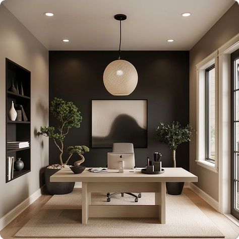 Black White Brown Office Aesthetic, One Bedroom Apartment Office Ideas, Office With Black Wall, Home Office Black Wall, Home Office Entryway, Fashion Designer Office Interior, Calm Study Aesthetic, Moody Modern Office, Modern Moody Office