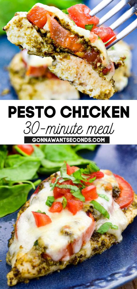 Pesto Chicken with melted cheese on top Recipes With Chicken And Pesto, Meals With Pesto Healthy, Recipes Made With Pesto, Chicken And Pesto Recipes Healthy, Easy Pesto Meals, Meals With Pesto Sauce, Chicken Recipes Pesto, Easy Pesto Chicken, Baked Chicken Pesto