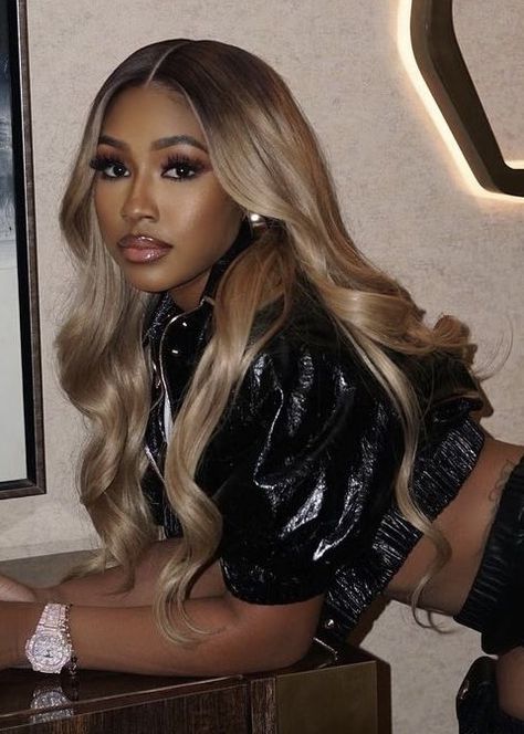 Yung Miami Blonde Hair, Bernice Burgos Hairstyles, Blonde With Dark Roots Black Women, Sandy Blonde Hair On Black Women, Blond Hair Black Women, Blonde On Black Women, Black Woman Blonde Hair, Blonde Balayage Black Women, Blonde Hair Dark Skin