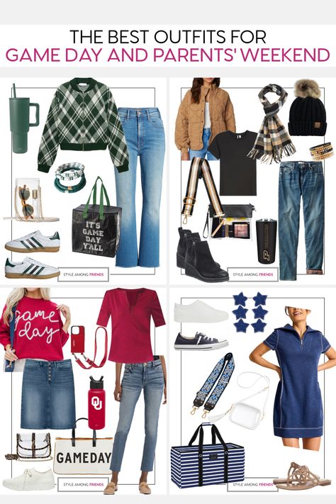 Excited to hit the road and visit your college student? Trying to decide what outfit to sport while exploring campus or attending a football game? We’re here to help! Take a look at our latest blog post featuring 8 stylish color combinations perfect for game day outfits. All approved by over 50 moms! Dads, we’ve got options for you too! Cheers to the team! #gameday #parentsweekend #collegefootball #fashionover50 Football Game Outfits For Women Over 40, College Parents Weekend Outfit, Casual Outfits For Women In Their 40s, College Parents Weekend, Mom Game Day Outfit, College Tailgate Outfit, Weekend Outfit Fall, College Mom, College Gameday Outfits