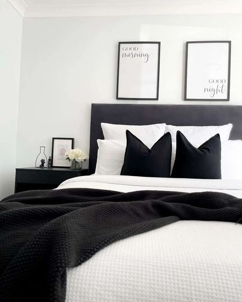 29 Unforgettable Feminine Black and White Bedrooms Bedroom Inspo Black And White, Black And White Master Bedrooms Decor, Black And White Small Bedroom, Black White And Cream Bedroom, White Room With Black Accents, Bedding Ideas Black, Black White Gray Bedroom, White Bedroom With Black Accents, Black And White Glam Bedroom