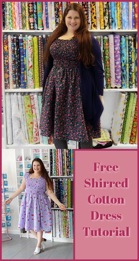 Shirred Dress Plus Size, Sew Shirred Dress, Shirred Bodice Dress Pattern, Womens Dress Sewing Pattern Free, Elastic Dress Pattern, Diy Shirred Dress, Easy Dress Sewing Patterns Free, Diy Dress Pattern Easy, Shirred Dress Pattern