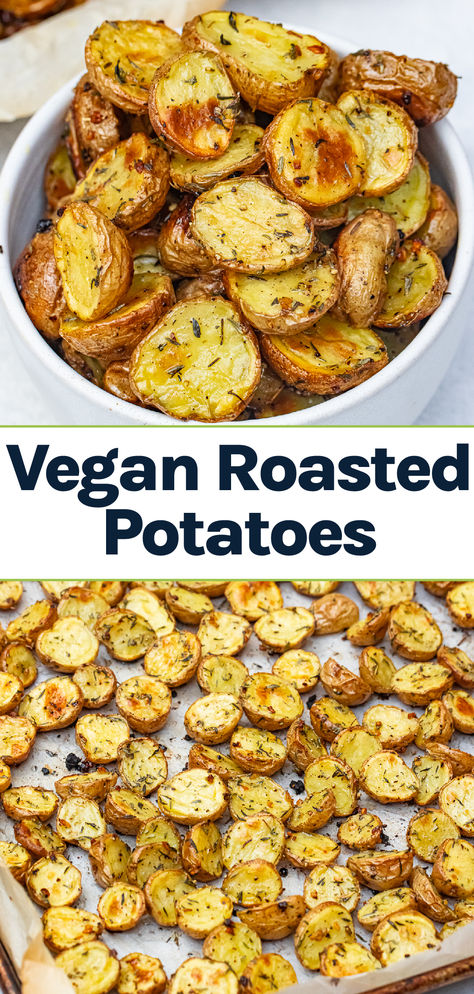 Vegan Roasted Potatoes with garlic and herbs on them. Vegan Veggie Dishes, Cheap Potato Recipes, Vegan Group Meals, Vegan Bean Side Dishes, Non Dairy Potato Recipes, Vegan Fall Side Dishes, Easy Cheap Vegetarian Recipes, Vegan Roasted Potatoes, Vegan Potato Side Dishes